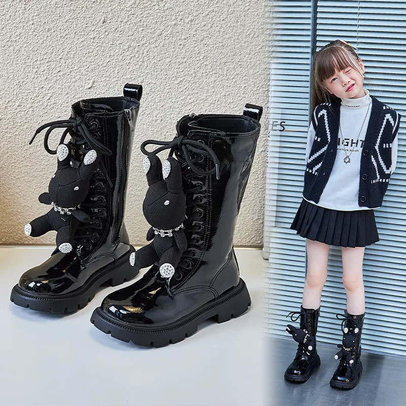 Girls Long Boots Child 2022 New Autumn & Winter Kids Boots Princess Unique Black Glossy Thin Cotton Casual Cool with Doll Rabbit