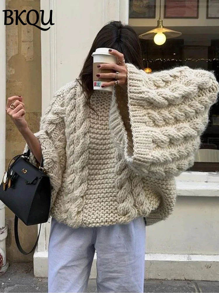 BKQU Oversize Knitted Pullover Women Solid O-neck Sweater Autumn Winter Casual Lazy Female Loose Sleeves Knitwear Jumper 2024