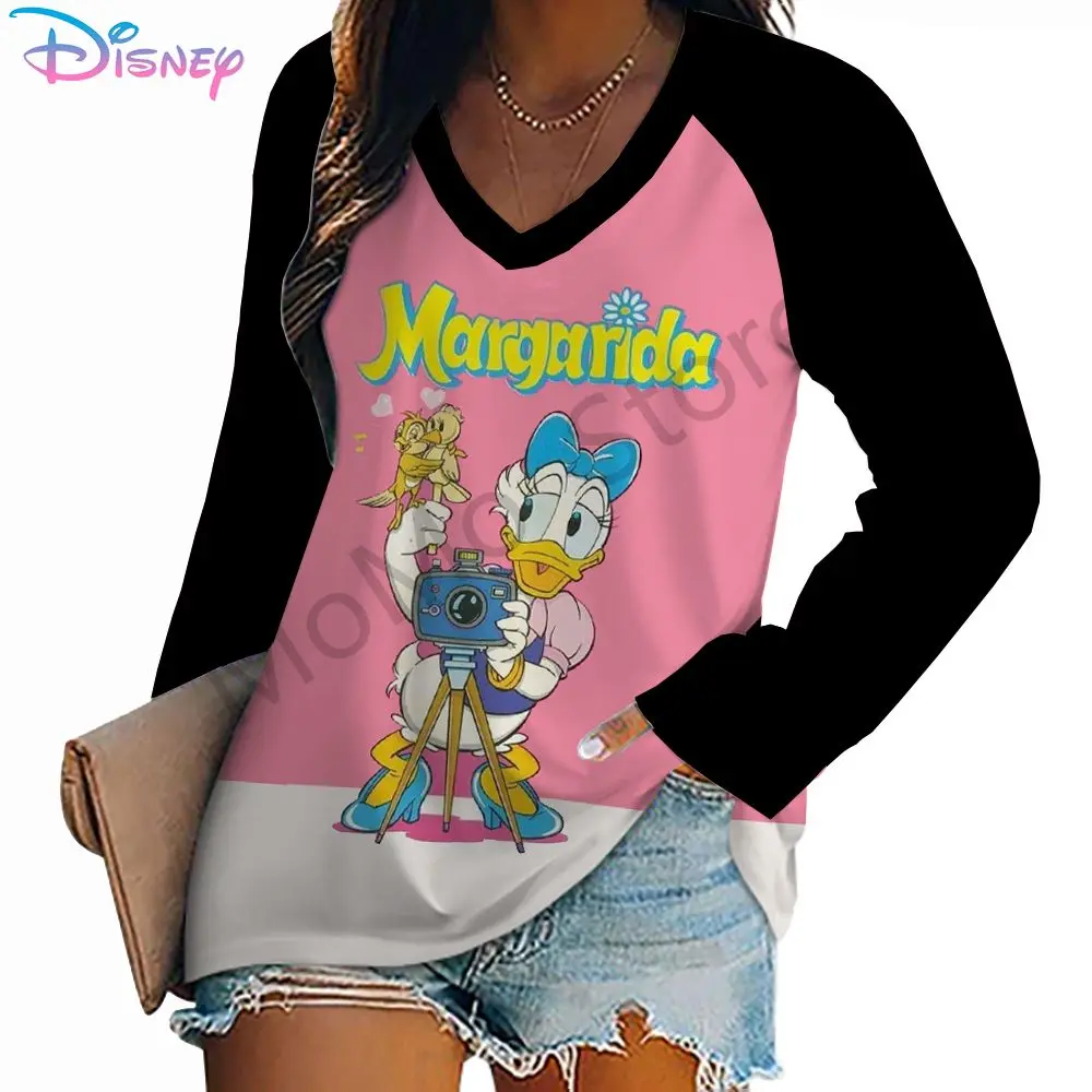 Disney Donald Duck Autumn Women\'s Long Sleeve T-Shirt Ladies Fashion High Quality S-3XL 2024 New V Neck Lovely Leisure Kawaii