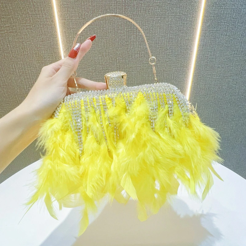 

Fairy Feather Evening Bags with Diamond Studded Tassels Luxury Wedding Handbags Beautiful Bright Clutch Bags Bolsa Feminina