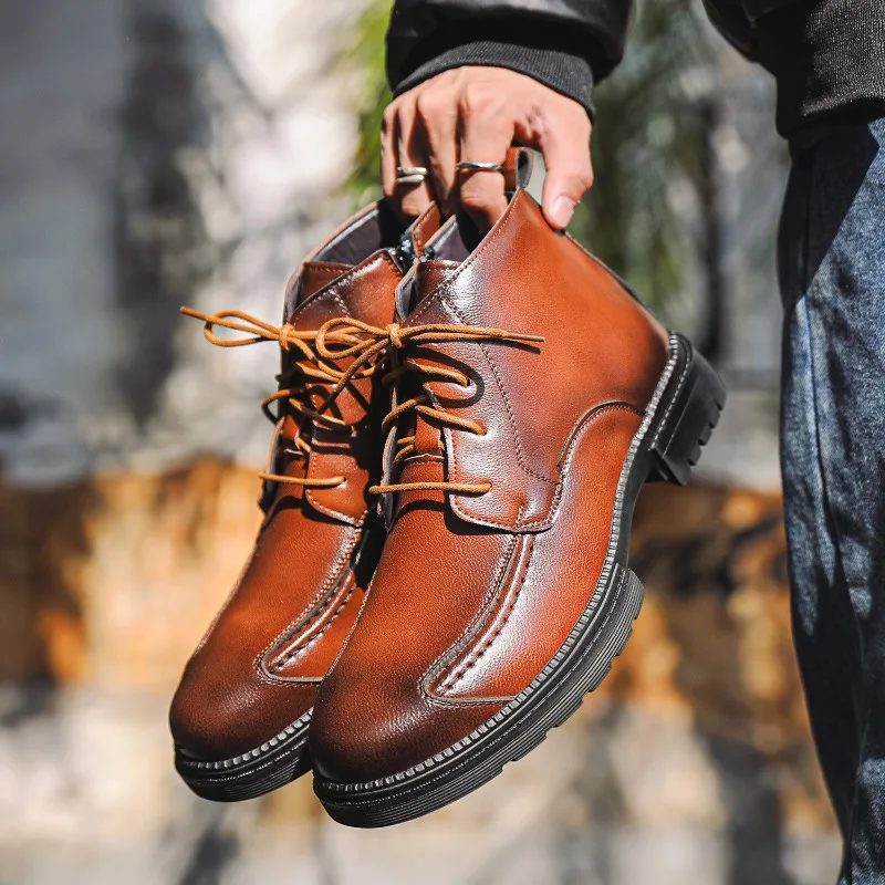 

Men's Boots Fashion Casual High Top Boot British Style Leather Boots Lace-up Ankle Boot Men's Platform Booties Botas Para Hombre