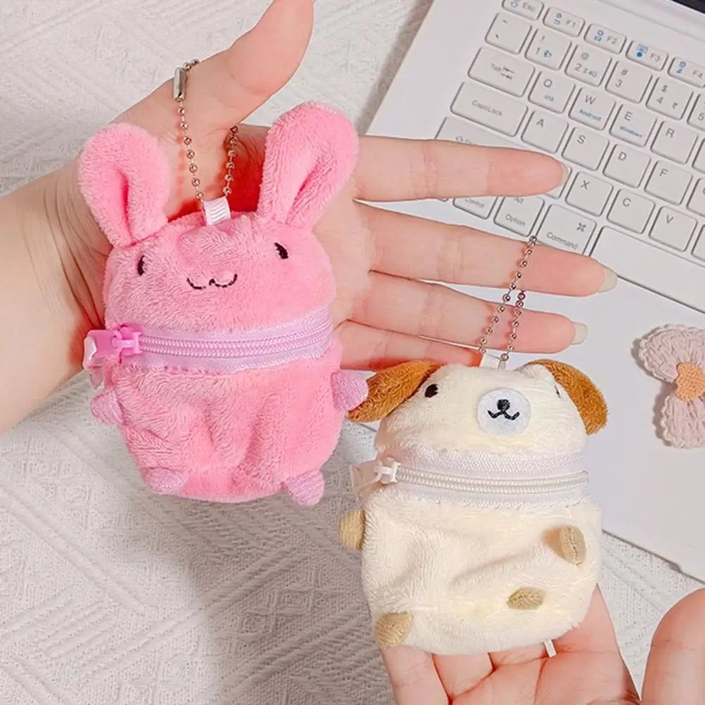 Cute Plush Bunny Dog Coin Purse Mini Cartoon Stuffed Animal Zipper Storage Pouch Portable Keychain Charm for Small Accessories