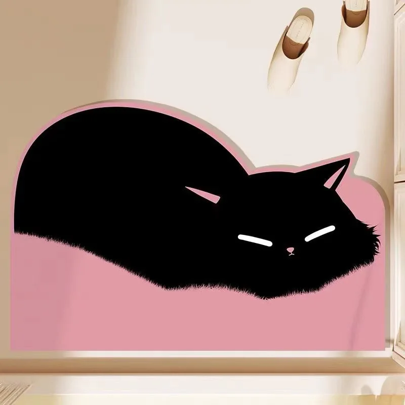 Black Cat Pink Hat Bath Mat Cute Cartoon Animal Soft Plush Non-Slip Irregular Floor Rug for Bathroom Shower Room Vanity Home Dec