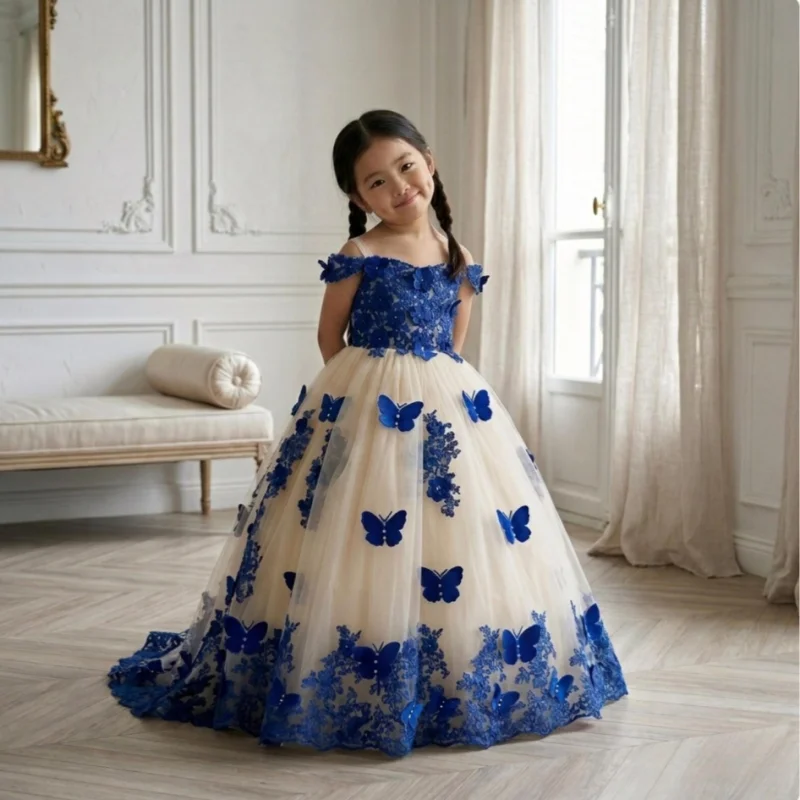 3D Butterfly Lace Tulle Flower Girl Dress Spaghetti Strap Floral Embroidery Floor Trailing Train Kids Gown Wedding Baptism