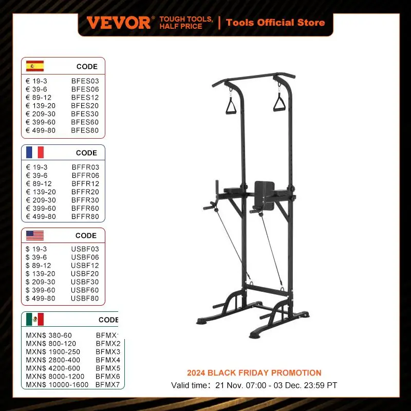 VEVOR 440LBS Power Tower Dip Station 10-Level Height Adjustable Pull Up Bar Stand Multi-Function Home Gym Strength Training