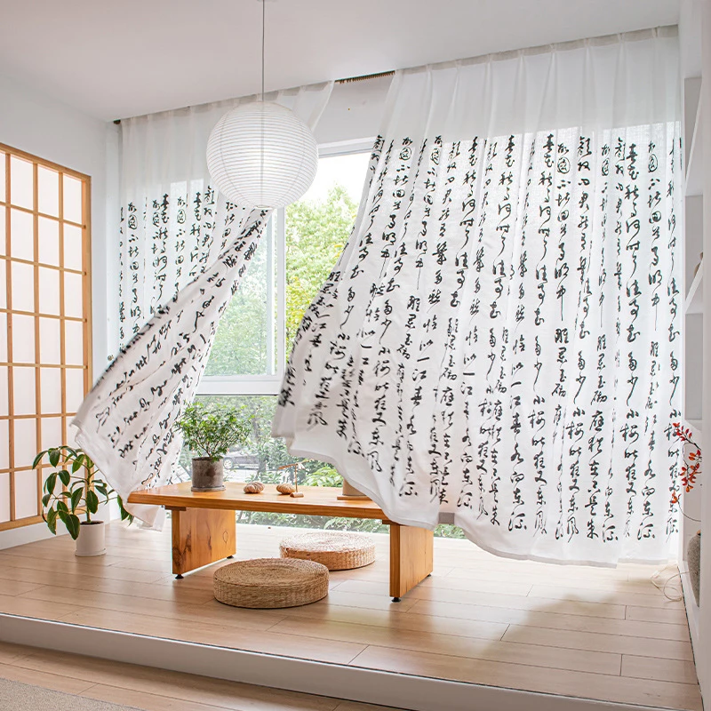 Cortinas transparentes de tul de estilo chino, cortina transparente para ventana de caracter chino, cortinas de caligrafía, cortinas de partición decorativas