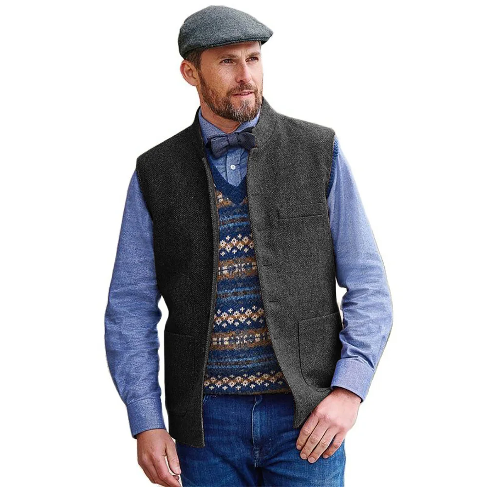 2023 Men's Suit Vest Blue Woolen Blended Mens Vest Denim Jeans Waistcoat Jacket Slim Fit Casual Formal Business