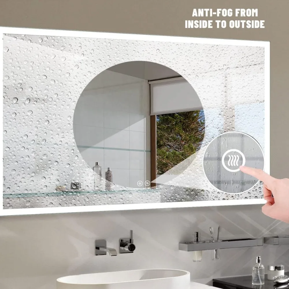 Espejo de baño inteligente con Bluetooth, antivaho y atenuación, montado en la pared, espejo de tocador con luz, ED, 48x28 pulgadas