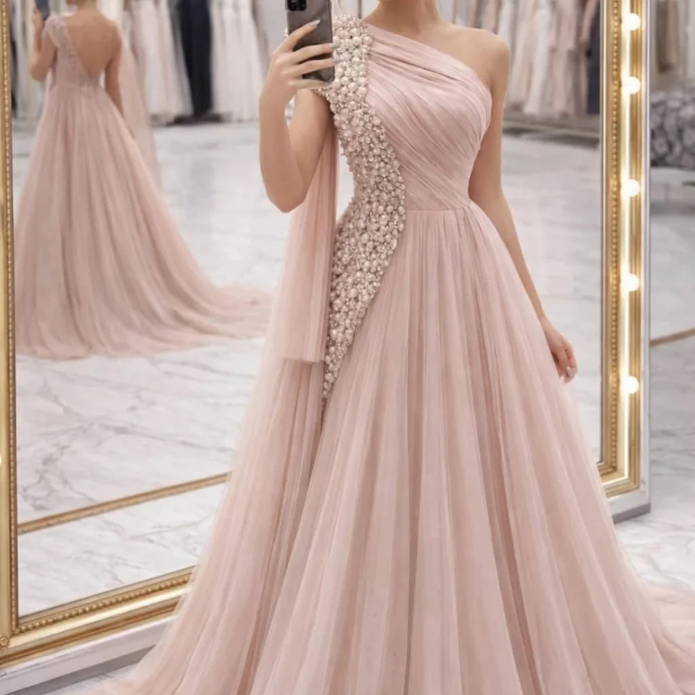 Luxuriöse Kristall-Tüll A-Linien-Abendkleider mit Falten und Schleppe, Maßgeschneiderte Einschultrige Ärmellose Ballkleider für Damen, Partykleid