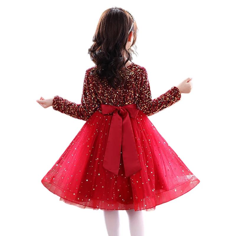 Winter Red Sequined Knee-Length Sleeves Kids Junior Princess Fluff Lining Flower Girls Dress Birthday Wedding Party Tulle Gown