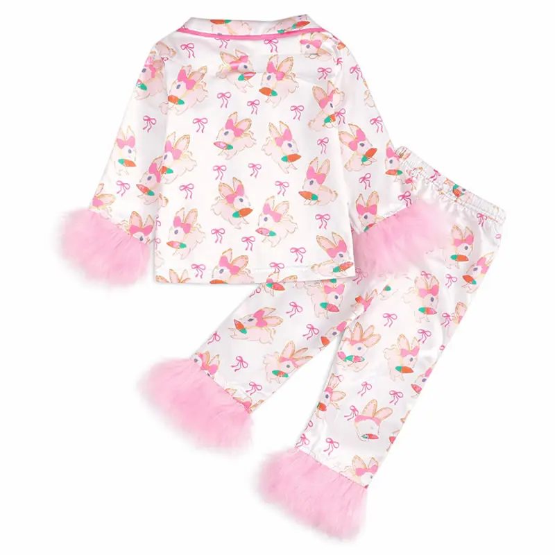 Easter Bunny Girl Feather Trim Sleeve 2PC Pajamas Set Fashion Child Bow Shirt+Pant Sleepwear Outfit Pjs Loungewear