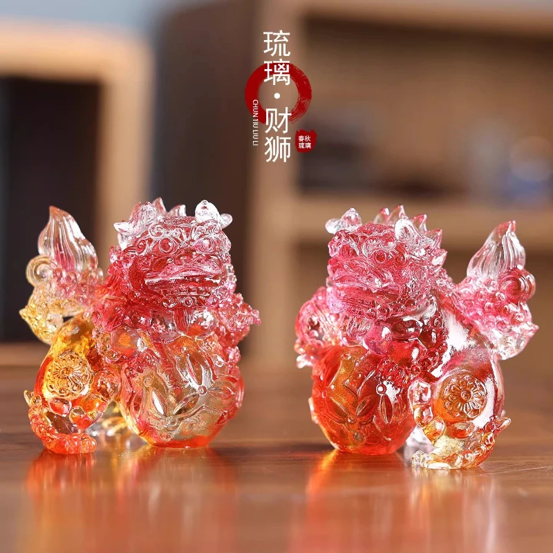 Glazed Cai Lion Red Lion Chinese Ruishi Mini Ornament Living Room Study
