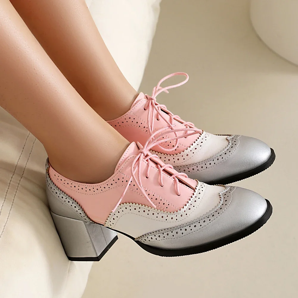 

Vintage Casual Lace-up Shoes For Women Pumps Fashion Mixed Colors Women Lady PU Leather High Heels Single Shoe Big Size 34-46