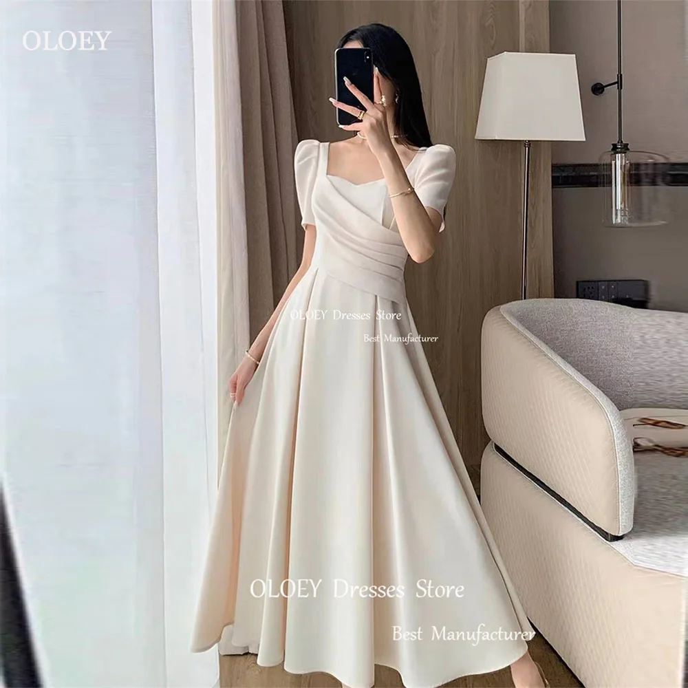 

OLOEY Modern New Design Ivory Satin A Line Ruched Square Collar Evening Gown Dress Ankle Length Short Sleeve Formal Prom Gowns