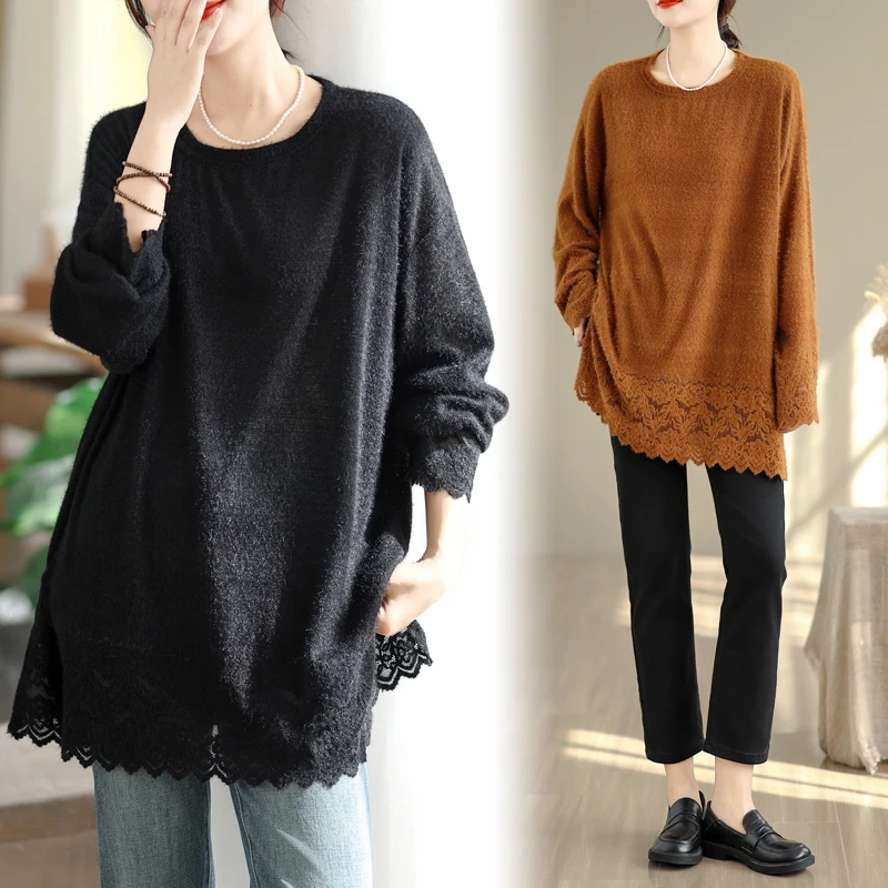 

Ele Velvet Long Sve Lace irt Женский осенний свободный универсальный топ средней длины Base irt French Sle Regular Thi...