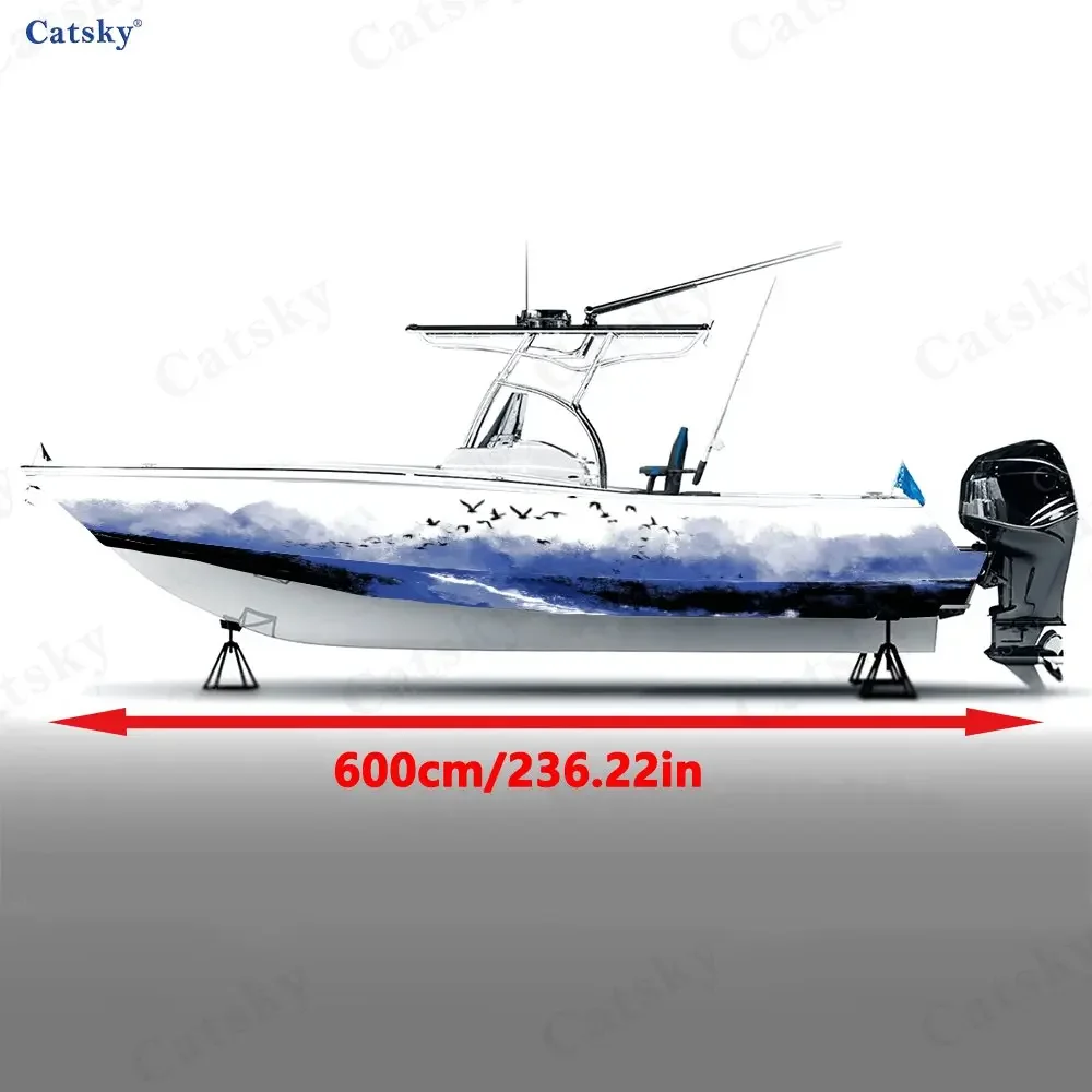 Blue Ink Wash Beach & Birds Boat Sticker, PVC Waterproof Durable Vinyl Wrap Decals for Fishing Boats, Durable and Stylish Design