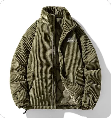 Wassup Erika High Street Stand Collar Corduroy Cotton-Padded Coat Men Winter Army Green Thickened Cotton-padded jacket Loose ...