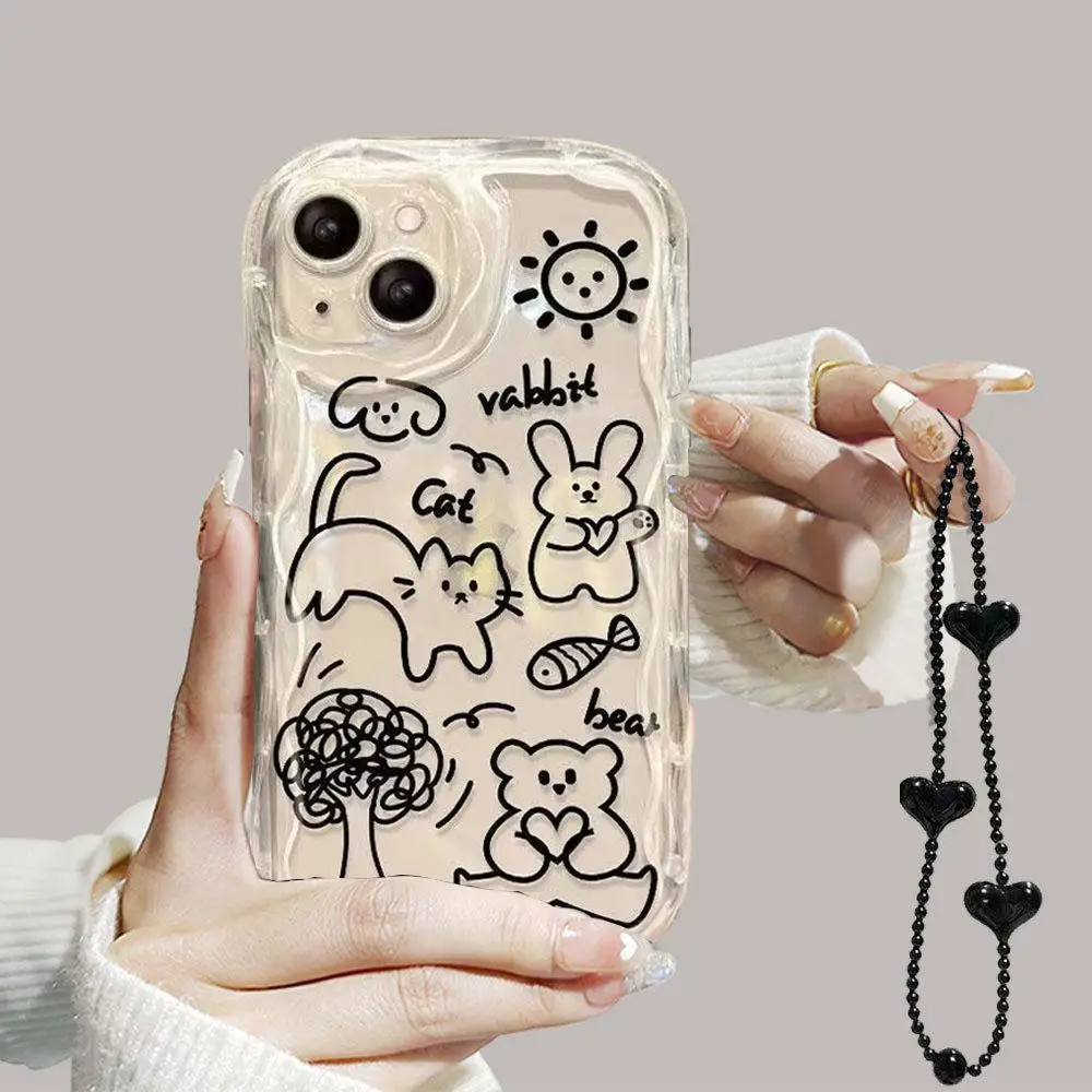 Flowers Love Heart Chain Phone Case For Vivo V30 V27 V23 V25 Pro V30E V29E V27E V23E V21E Cover 3D Wave Side