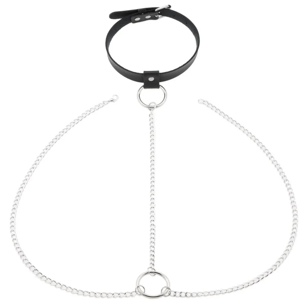 Punk Style O-Ring Body Chain Harness Leather Choker Necklace Connected with Waist Chain for Women Stage Performance Body Jewelry