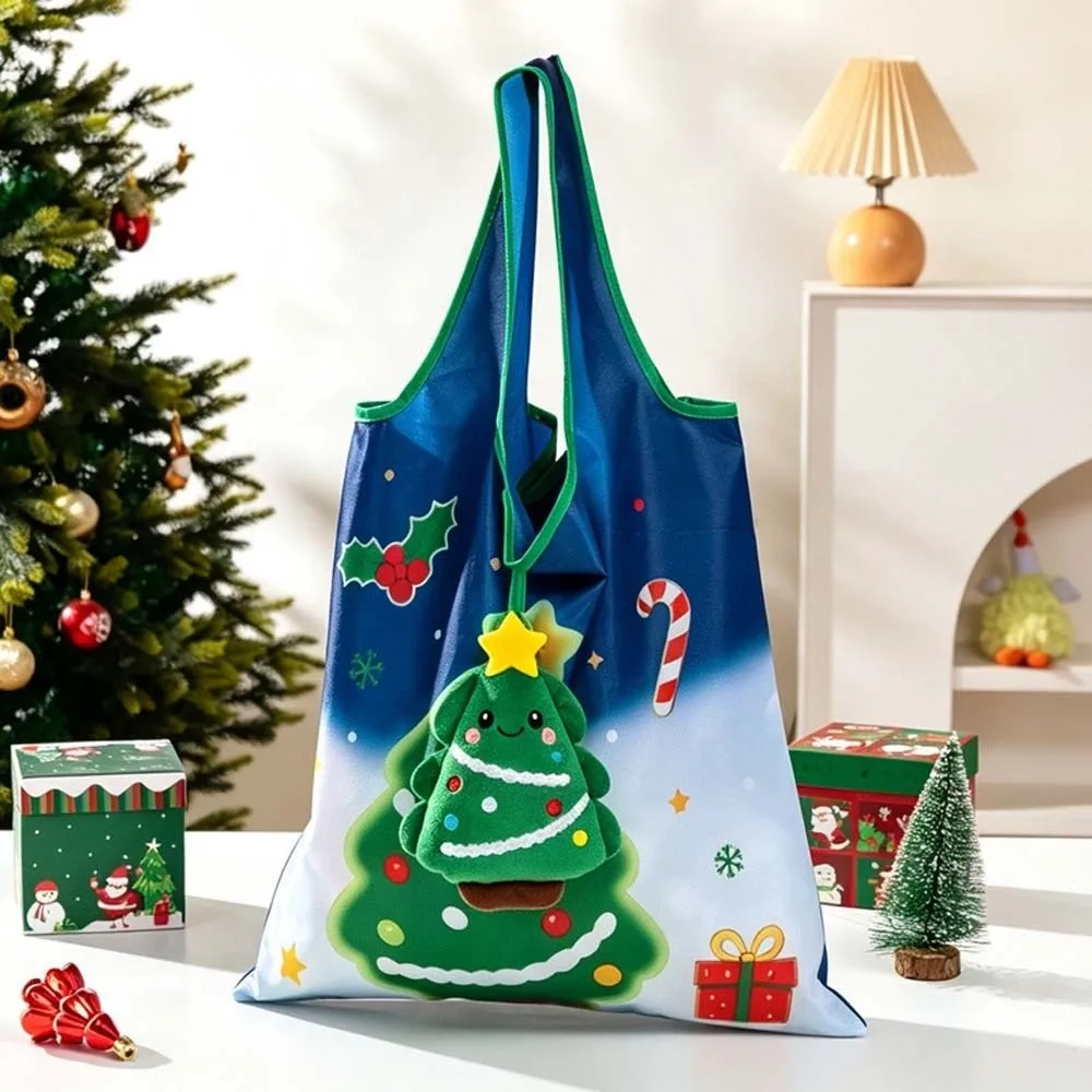 Colorful Christmas Grocery Tote Space-Saving Tear-Resistant Cartoon Pocket Handbag Large Capacity Quick-Folding