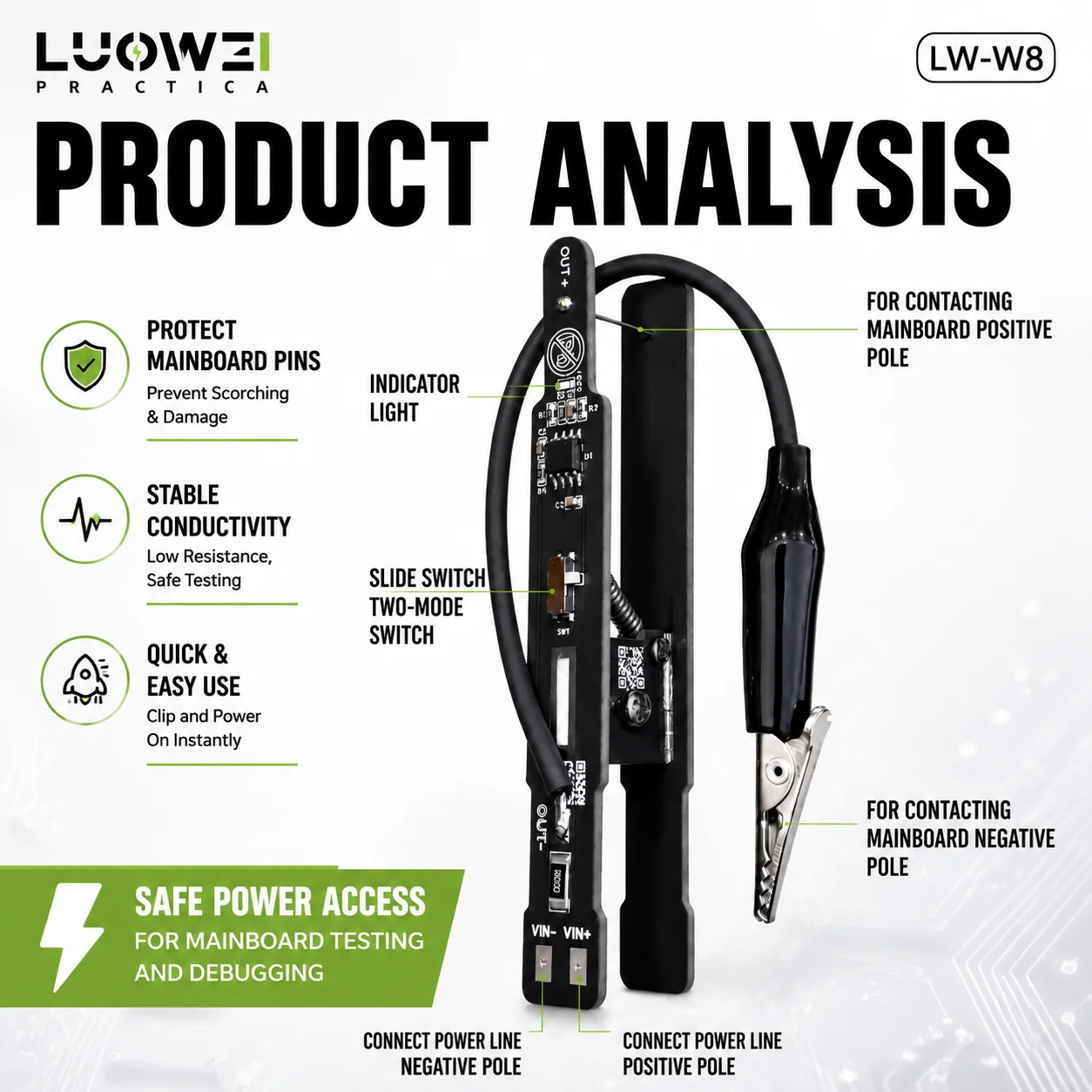 LUOWEI LW-W8 Universal Switch Clip No Solder Protect for Mainboard Pins Short Circuit Fault Finding Power On Testing Tool
