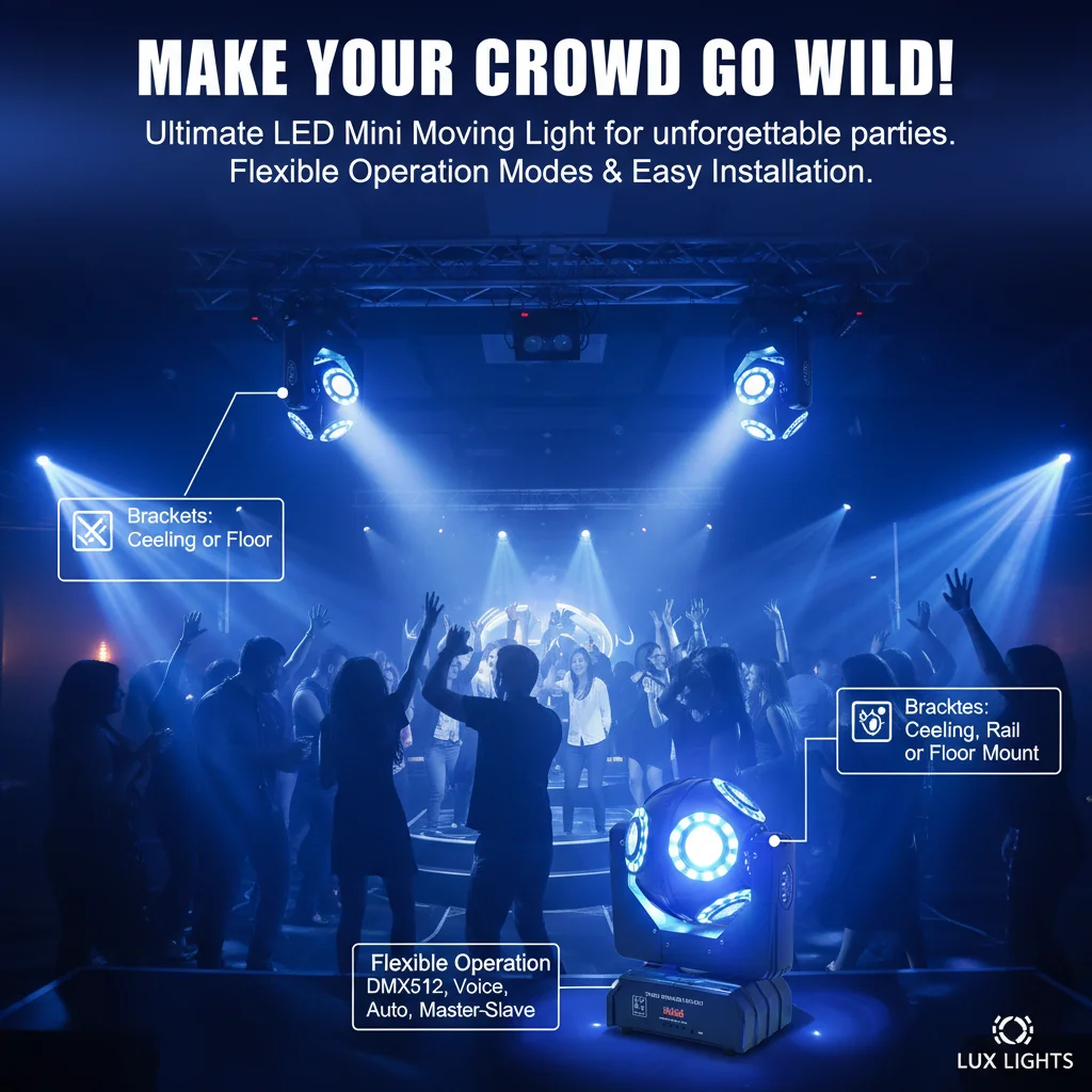 

540 ° Светодиодные диджейские светильники с подвижной головкой и 2 кронштейнами, 8 светодиодов, 4-в-1, для вечеринок, с поддержкой DMX-512, самоподвижные, с голосовым управлением