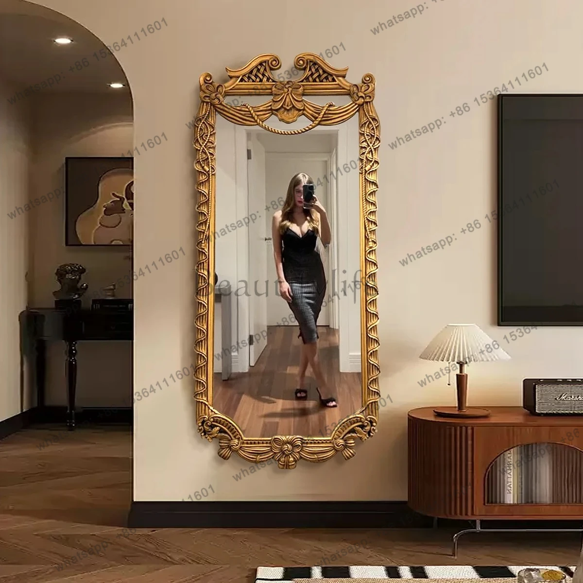 

French Carved Rectangular Full-Length Mirror for Home Bedroom Cloakroom Floor Mirror Dressing Mirror