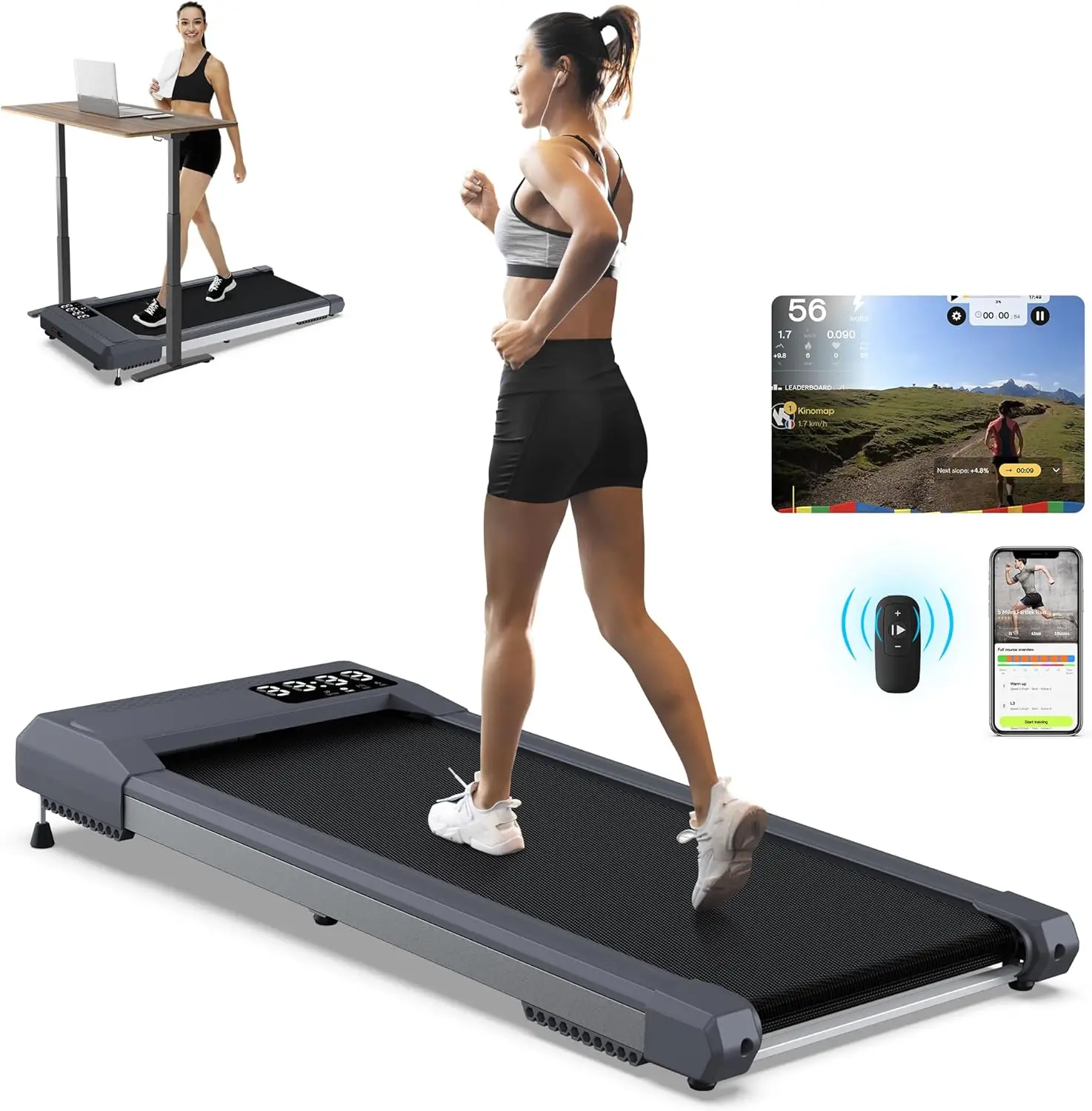 12% Incline Walking Pad Treadmill 340+ lb Capacity, Under The Desk Treadmills for Home,[Voice Controlled] Small Treadmill Work