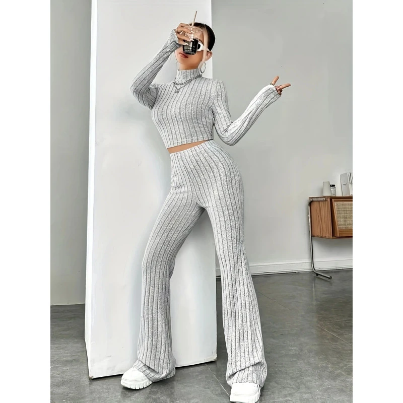 2026 Fashion Tight Solid Color Pinstripe Women's Long Sleeve Knit Set, European and American Style Base Layer for Women
