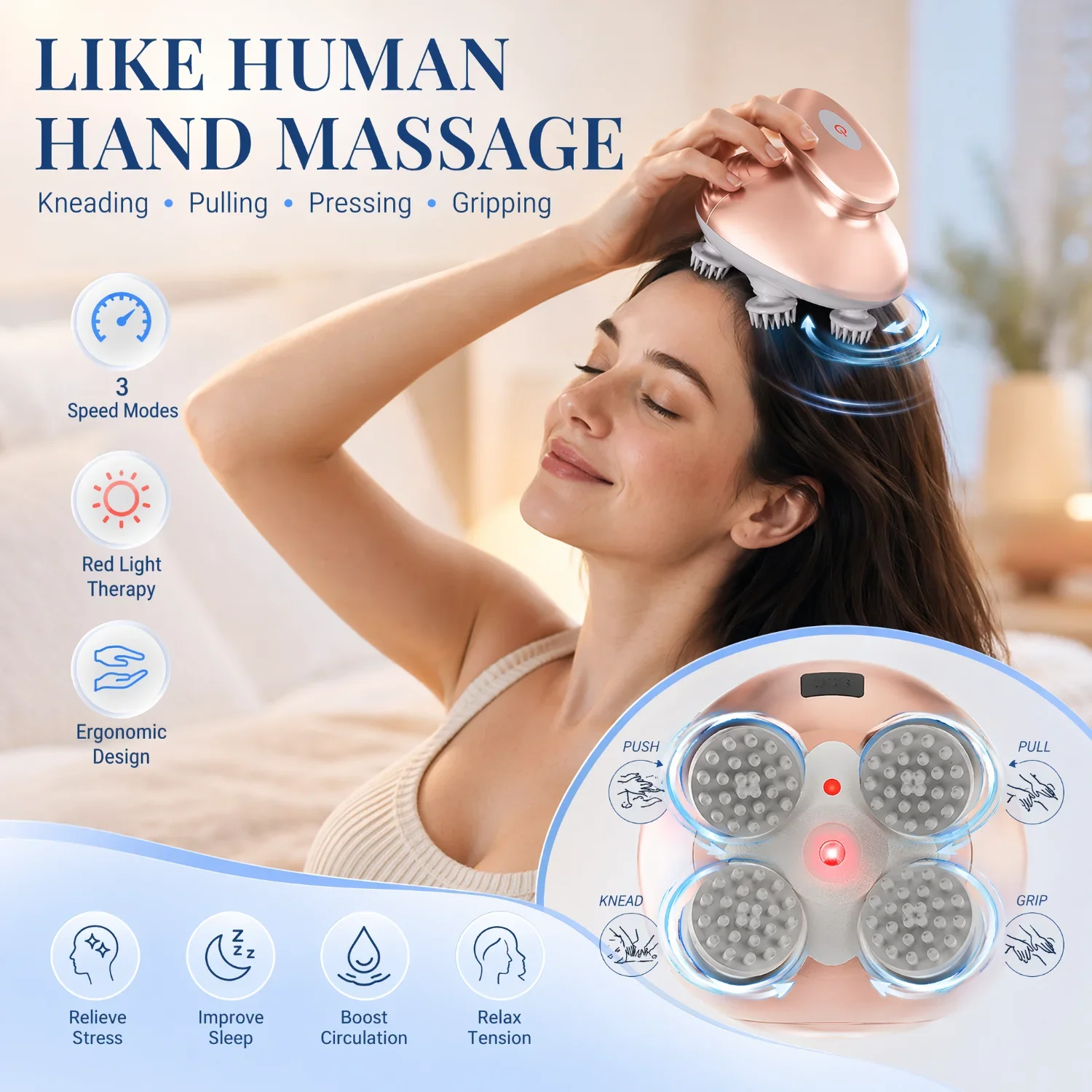 Electric Scalp Massager Red Light Head Massage Device Deep Kneading Hair Scalp USB Rechargeable Neck Shoulder Spa Tool