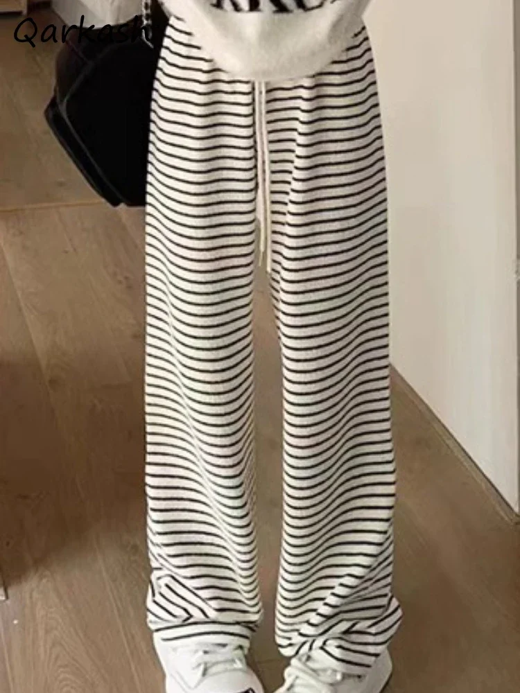 

Striped Pants Women Straight High Waist Lace Up Full Length Autumn Winter New Casual Daily Korean Trendy Cozy All-match Trousers