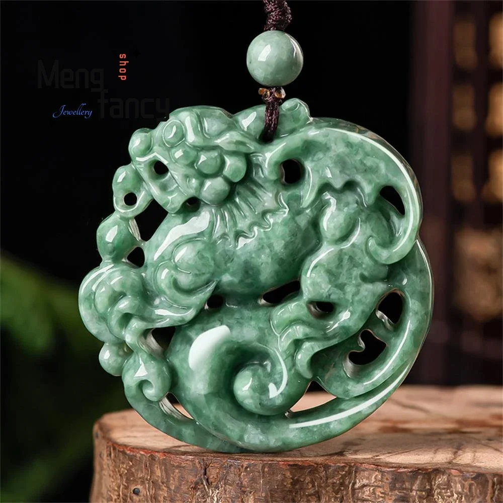 

Natural A-goods Jadeite Ruyi Fortune Unicorn Ice Jade Pendant Exquisite Mascots Handicraft Retro Luxury Quality Fashion Jewelry