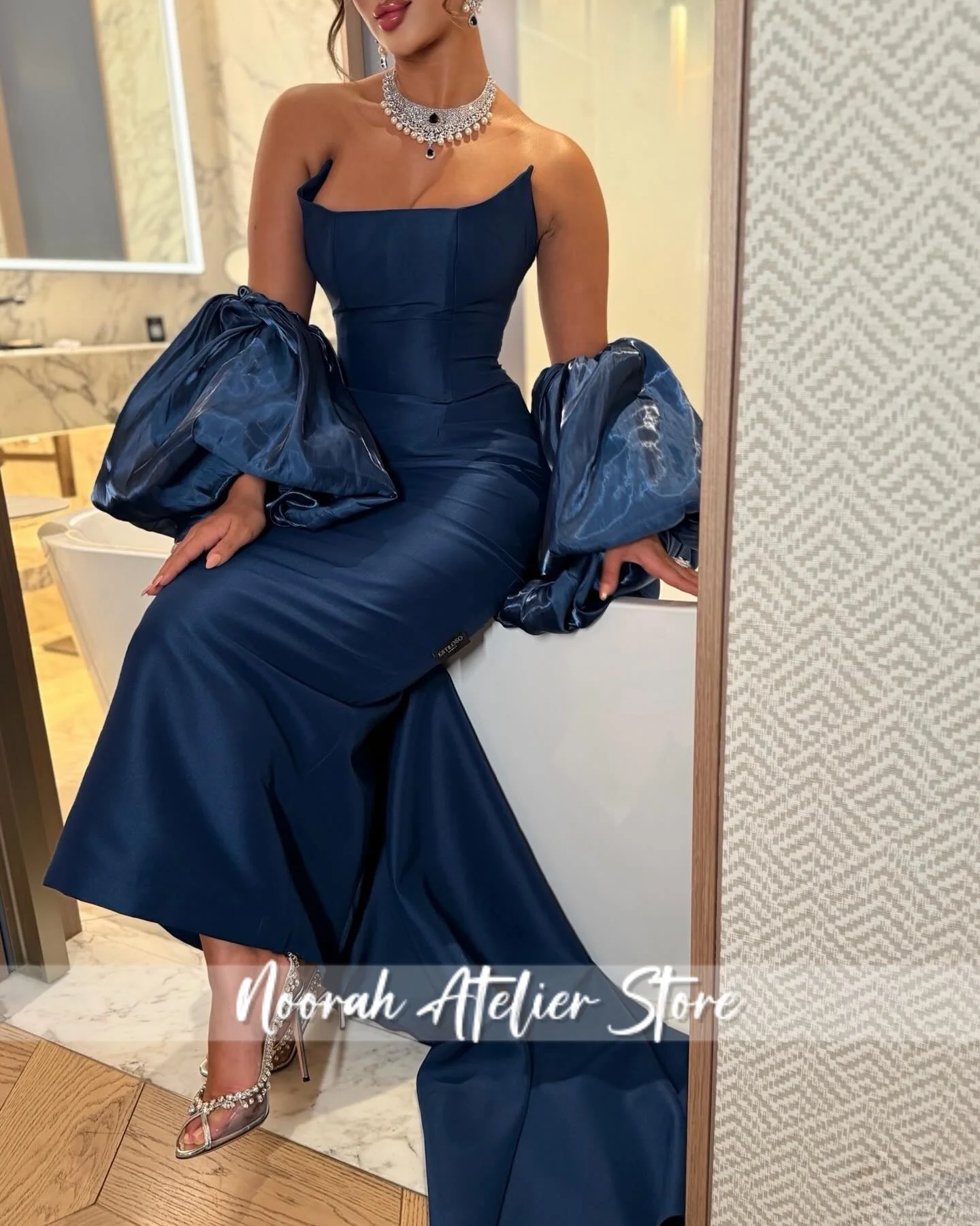 

Fashion Luxury Blue Strapless Elegant Evening Dress 2026 Lantern Sleeves Women’s Dresses Birthday Dress Prom Gown Customized