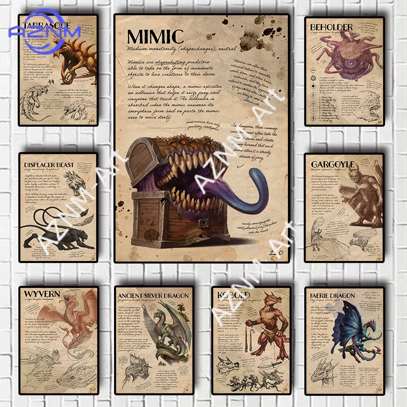 D&D Monster-Handbuch Poster: Mimic-Notiz, Gelatine-Würfel-Notiz, Beholder-Notiz, Feen-Drachen-Notiz – Leinwanddruck Wanddekoration