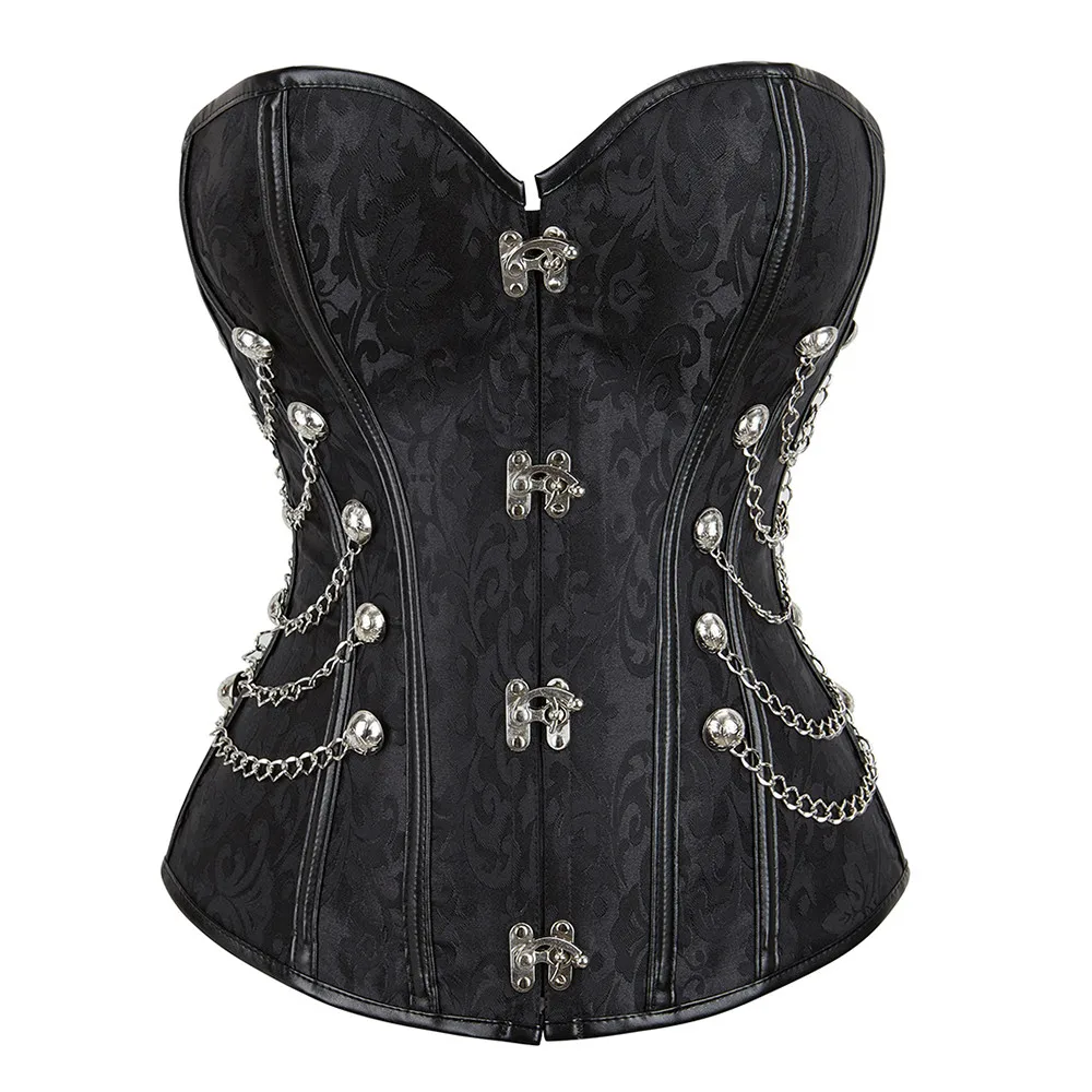 

Black Steampunk Corset Top Jacquard Leather Corsets Women Outwear Boned Bustier Zip Metal Locks Gothic Gorset Corselet