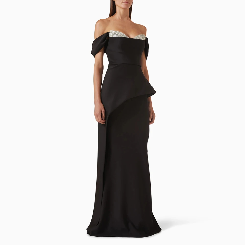 

Off The Shoulder Black Evening Dress Floor Length Prom Dress Mermaid Formal Party Gown Sleeveless Beading Saudi Dress