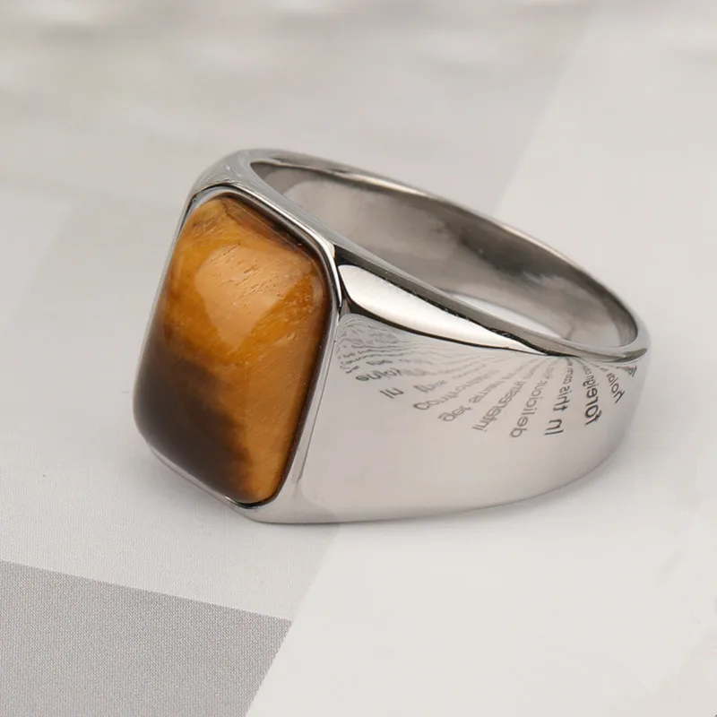 Achezon Classic Square Natural Tiger Eye Rings for Men Male Simple Vintage Stainless Steel Wedding Bands Jewelry Accessories