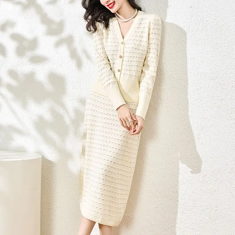 Temperament Knitted Outfits Women's 2023 Spring Autumn Fashion Elegant Cardigan Jacket High Waisted Skirt Two-piece Set