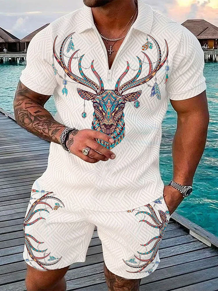 

Fashion graffiti style animal reindeer 3D print men's sports suit casual zipper polo shirt shorts 2-piece set men's sports suit