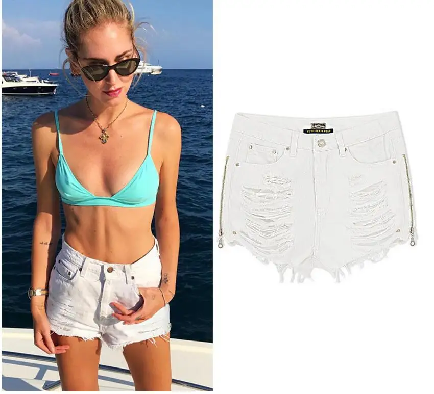 Sexy White Denim Side Zipper Short Pants Hole Design Hot Sale eBay Trendy Women's Summer Jeans Shorts