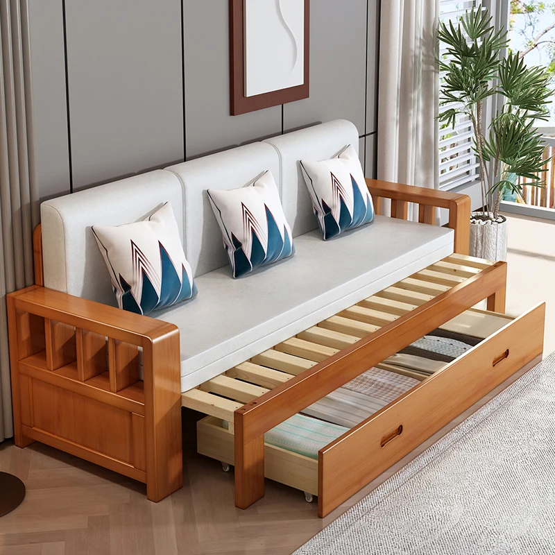 Solid wood sofa bed folding dual-purpose push-pull telescopic and lying living room multi-functional pull solid wood sof