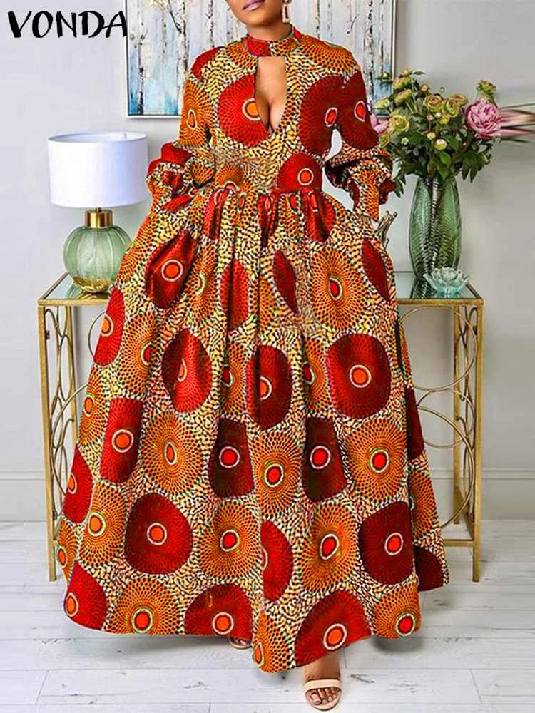 Plus Size VONDA Autumn Long Dress Women 2024 Long Sleeve Hollow Out Sundress Casual Loose Floral Printed Maxi Vestidos