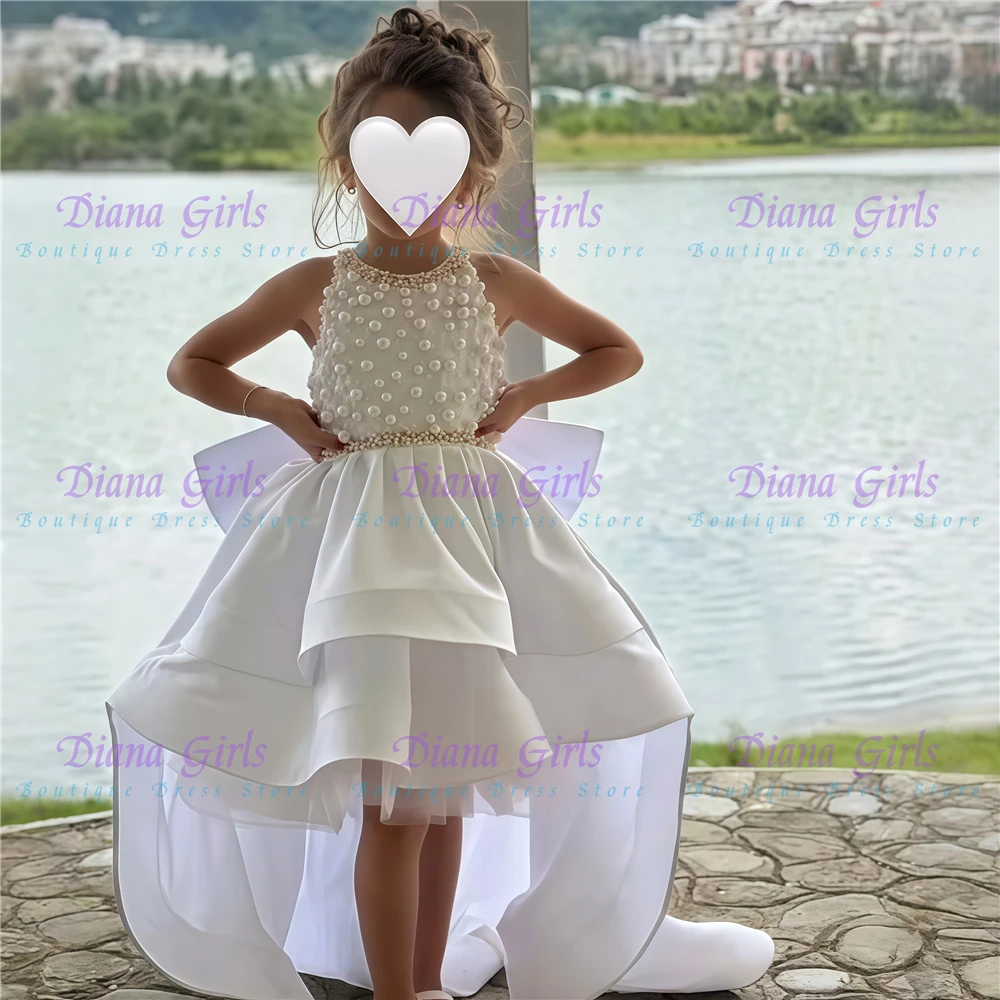 

Quality Gorgeous Flower Girl Dress White Satin Fluffy with Exquisite Pearl Applique for Kids Birthday Party Evening Ball Gowns