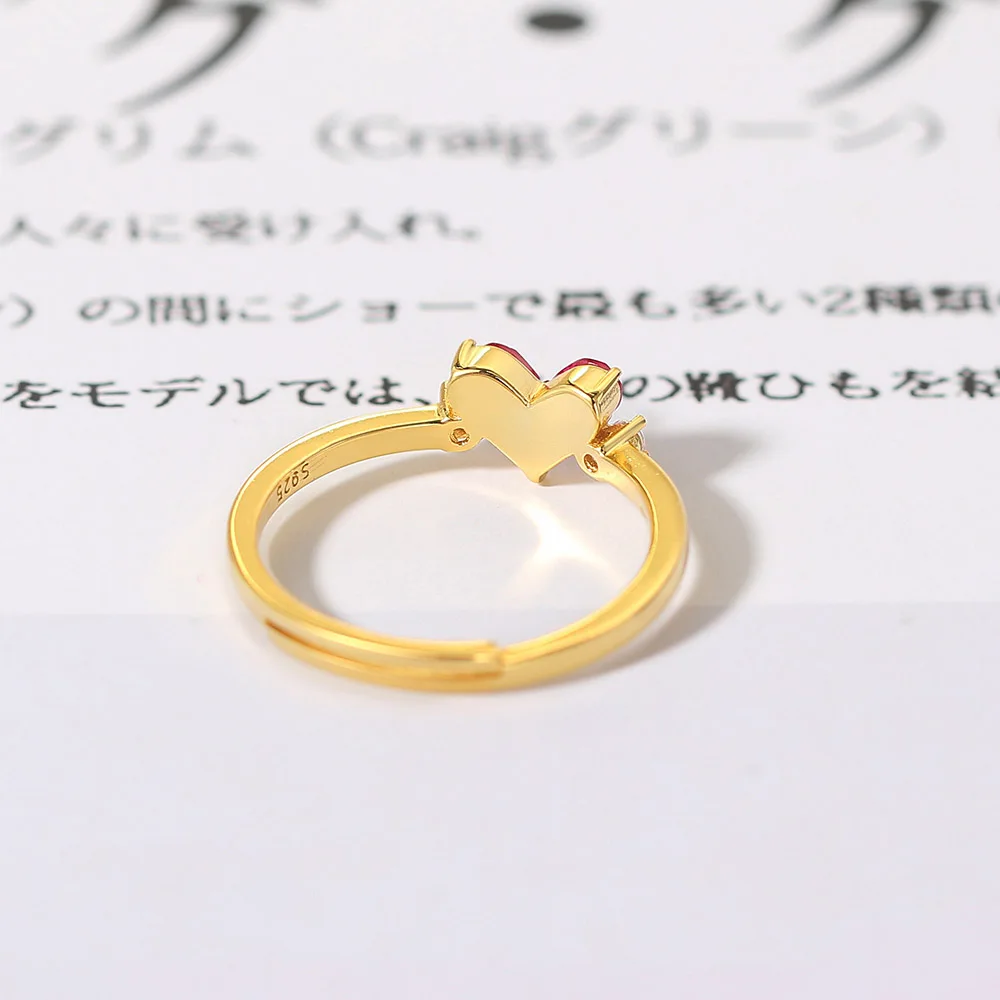 LAMOON 925 Silver Ring For Women Cute Sweety Heart Synthetic Corundum 14K Gold Plated Fine Jewelry Gift Japanese Style LMRI151