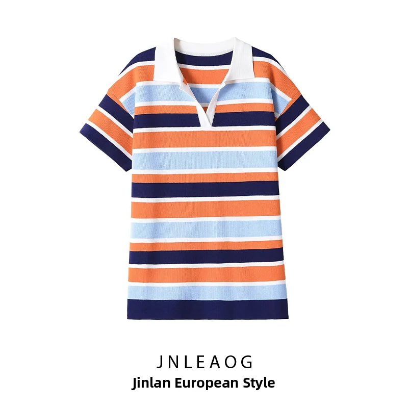 JNLEAOG Summer New Women's Fashion Stripe  Shirt Versatile Design Short Sleeve Classic Pattern Polyester Fiber 100%