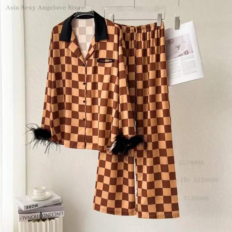 

Luxury Feather Pajamas Set Women's Elegant Sleepwear Spring Autumn Ice Silk Long Sleeved Checkered Pyjamas Night Wear Loungewear