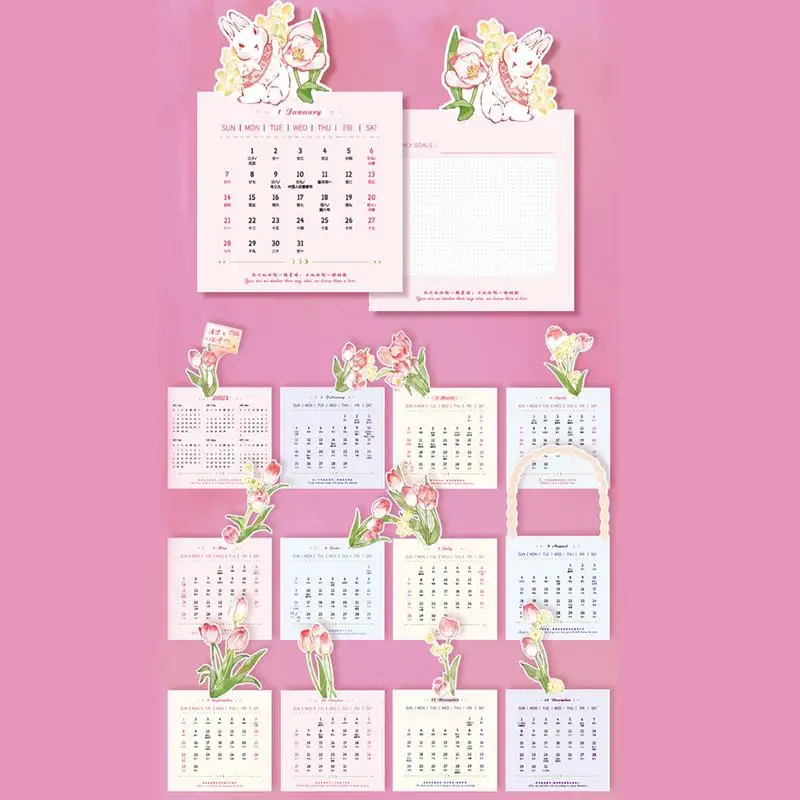 Desktop Flower Calendar Desktop 2024 Calendar Standable Flower Design Creative Detachable Decorative Household Monthly Planner