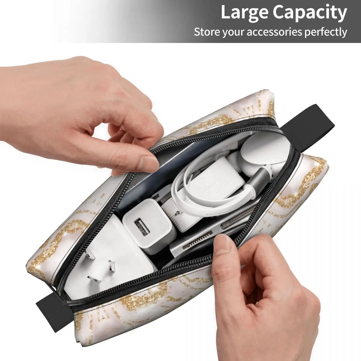 Gold Marble Pattern Cosmetic Bag Women Cute Big Capacity Marble Geometric Print Makeup Case Beauty Storage Toiletry Bags