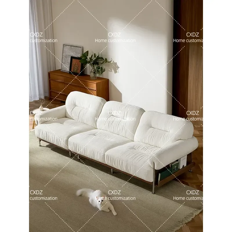 Cream Fabric Sofa Living Room Retro Solid Wood Small Apartment Chenille Removable Washable Straight Couch