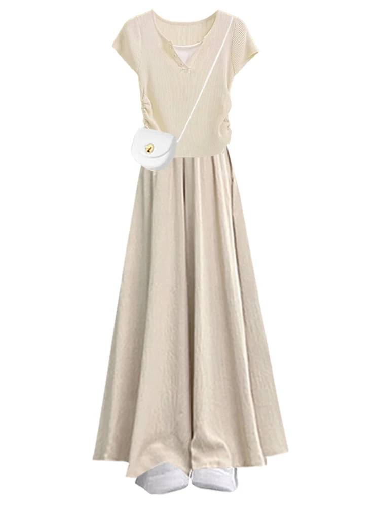 Maglieria coreana in due pezzi finta Sle ort Sve Pantaloni larghi con gonna a f Set in due pezzi Abito estivo dimagrante da donna